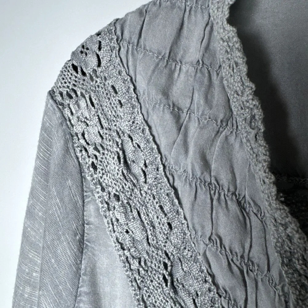 Solitaire Blouse Small Gray Crochet Lace‎ Embroidered Rayon Boho Peasant Top